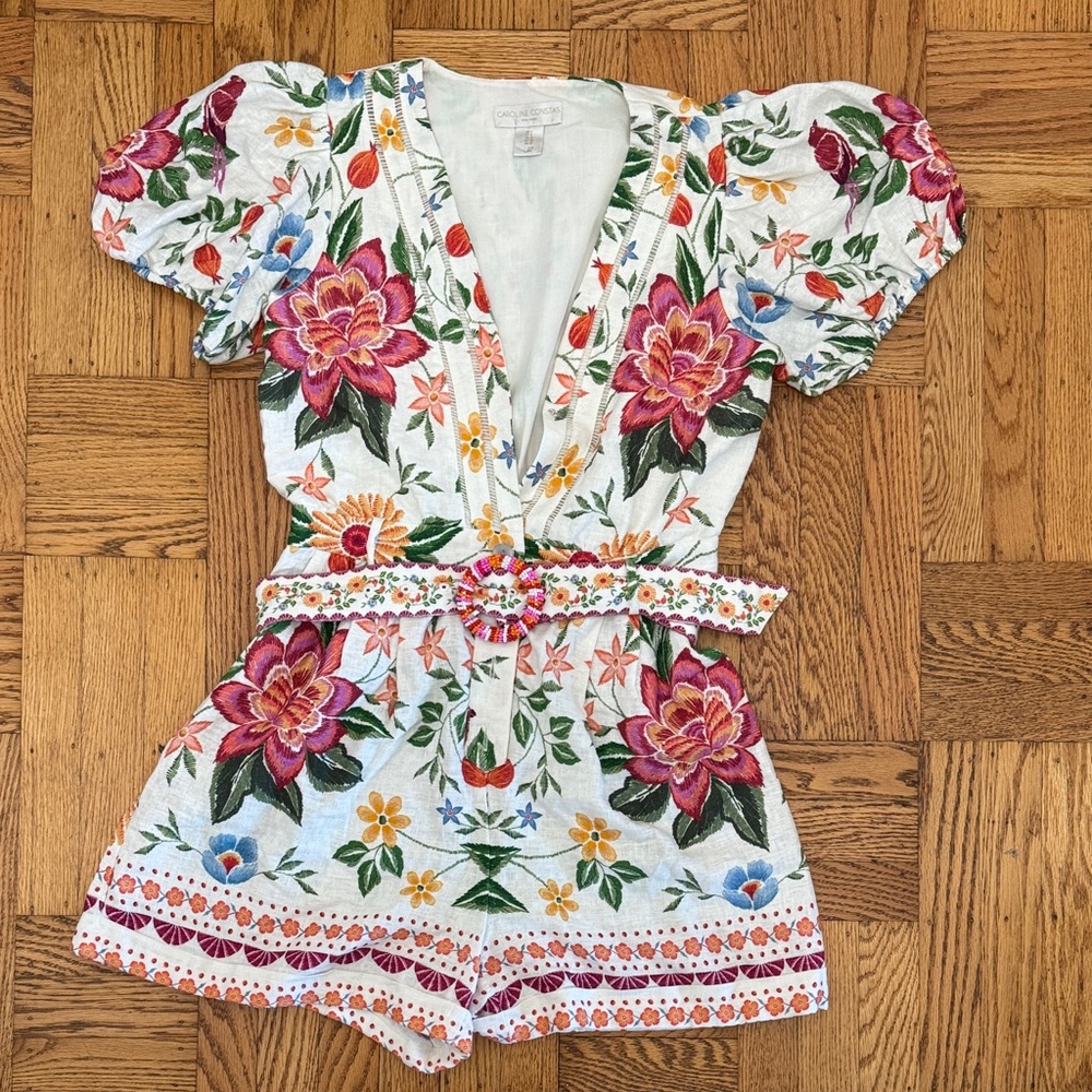 Caroline Constas White Romper with Pink, Green & Yellow Floral Embroidery